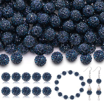 160pcs 10mm Rhinestone Beads for Jewelry Making, Blue Black Shiny Round Disco Ball Beads Bulk, Sparkle Crystal Clay Christmas for Bracelet Baseball Necklace Earring Crafting and DIY by TINKRSTUFF