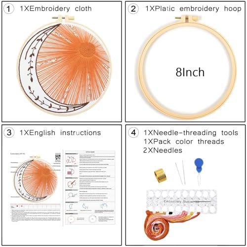 Crafmanoe Hand Embroidery Kits for Beginners Adults, Sun Moon Embroidery Starter Kits, Stamped Cross Stitch Kits DIY Needlepoint Kit for Beginners Adults, Embroidery Hoop, Thread and Video Tutorial - Image 5