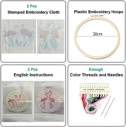 Konrisa Flamingo Embroidery Kit for Beginners with Pattern Floral Stamped Full Range of Embroidery Starter Kit for Adults Cross Stitch Kit with Embroidery Cloth, Hoops, Color Thread and Tools,Set of 2 - Image 2