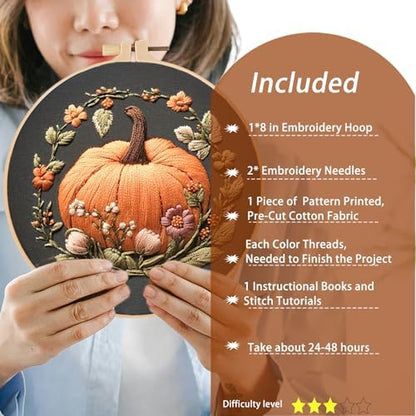 FONNUY Pumpkin Embroidery Kit for Beginners, Pre-Stamped Pattern Kits for Adults with Hoop, Easy to Follow Color Thread Needlework, 8'' Hoop (Orange) - Image 3