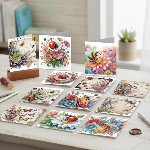 jinglinhh 12pcs Diamond Art Painting Ladybug Bee Butterfly Insect Flower Greeting Cards with Envelopes, DIY Card Making Kits for Adults, Diamond Art Christmas Cards for Holiday Gifts - Image 5