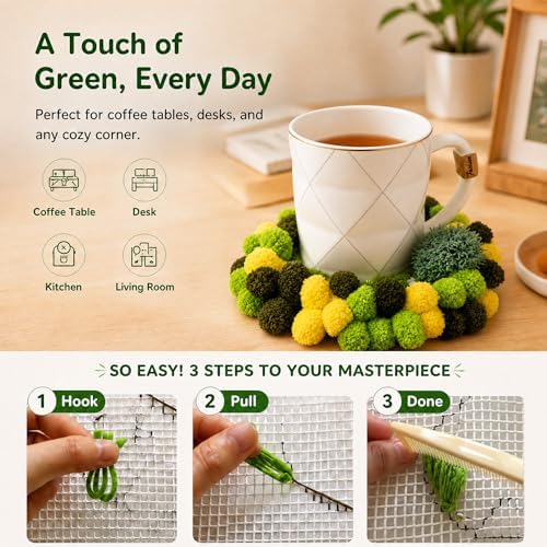 Moss Coaster Latch Hook Kit, DIY Punch Needle Craft Set for Adults, 2 Pack - Image 6