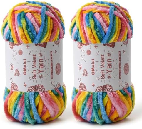 2x100g Fluffy Velvet Chenille Yarn for Crocheting and Knitting, 80m (87.5yd) Baby Yarn for Crocheting Soft, Crochet Chunky Yarns Amigurumi Yarns (2 Rainbow 1) by OMoiut