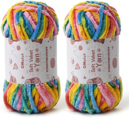 2x100g Fluffy Velvet Chenille Yarn for Crocheting and Knitting, 80m (87.5yd) Baby Yarn for Crocheting Soft, Crochet Chunky Yarns Amigurumi Yarns (2 Rainbow 1) by OMoiut