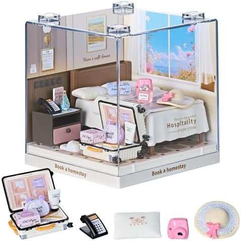 Miniature House Cozy Bedroom DIY Kit with Acrylic Display Case by Qudify