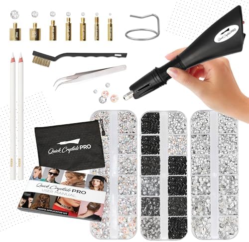 Quick Crystals Pro Hotfix Applicator, Bedazzler Kit with Rhinestones, DIY Wand Setter Tool Kit with 7 Different Tip Sizes, Tweezers, Cleaning Brush, User Manual, and 4400 Rhinestones - Clear & Black… by QuickCrystalsPro