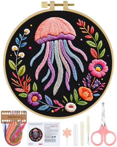 ERKOON Embroidery Kit for Beginners Adult, Cross Stitch Set Include Embroidery Cloth Hoop Threads for Craft Lover Hand Stitch with Embroidery Skill Techniques (Jellyfish) by ERKOON