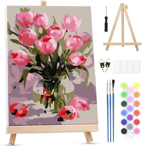 MXJSUA Pink Tulips Framed Paint by Numbers Kit for Adults Beginner with Wooden Easel, Adults' Paint-by-Numbers on Canvas, Easy DIY Acrylic Number Painting for Home Decor Gifts, 8x12 inch by MXJSUA-DiamondPaintingkits