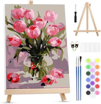 MXJSUA Pink Tulips Framed Paint by Numbers Kit for Adults Beginner with Wooden Easel, Adults' Paint-by-Numbers on Canvas, Easy DIY Acrylic Number Painting for Home Decor Gifts, 8x12 inch by MXJSUA-DiamondPaintingkits