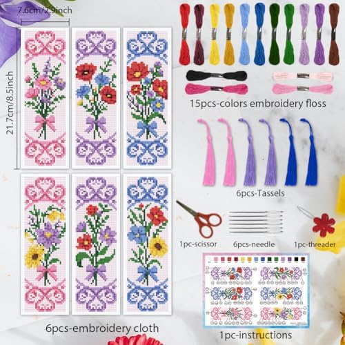INFUNLY 6 Pcs Bouquet Stamped Cross Stitch Bookmark Kit with Tassels, Pre-Printed Water Soluble Grid for Adults Beginners, DIY Embroidery Set with Tools, Gift for Book Lovers - Image 2
