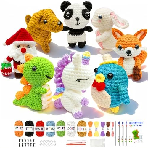 HUASHILUO 8Pcs Crochet Kit for Beginners, DIY Craft for Adults and Kids, Great Birthday Gift for Crochet Lovers and Kids, Crocheting Animal Kits with Step by Step Videos,Yarn,Crochet Hook by Unknown