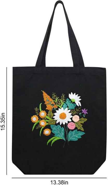 KABAKE Canvas Tote Bag Embroidery Kit, Embroidery Kits for Beginners, Arts and DIY Crafts Embroidery Starter kit, Include Stamped Embroidery Bag, Threads, Embroidery Tools (Black Bag with Floral)