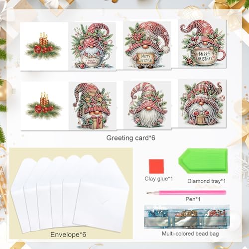 jinglinhh 6pcs Christmas Cup Gnome Diamond Art Painting Greeting Cards with Envelopes, DIY Card Making Kits for Adults, Diamond Art Postcards Holiday Cards Craft Gifts - Image 3