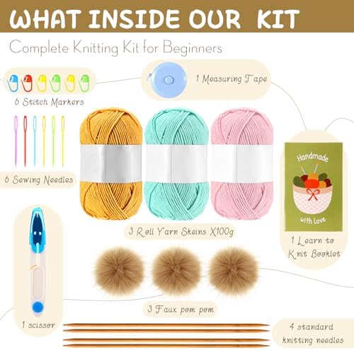 Maasechs Knitting Kit for Beginners Adults Complete Hat Knitting Kits Learn to Knit Kits with Yarn Bamboo Needle Pom Pom Step-by-Step Instruction Knit Accessories for Mother Women Men Gifts(Bright) - Image 2