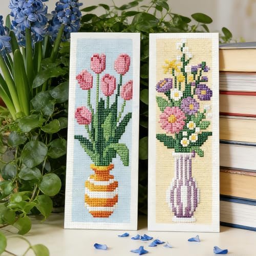 INFUNLY 6PCS Cross Stitch Bookmark Kit for Adults Flower Vase Stamped Embroidery Bookmark Kit with Backing Felt Floss Instruction for Book Lovers Readers - Image 5