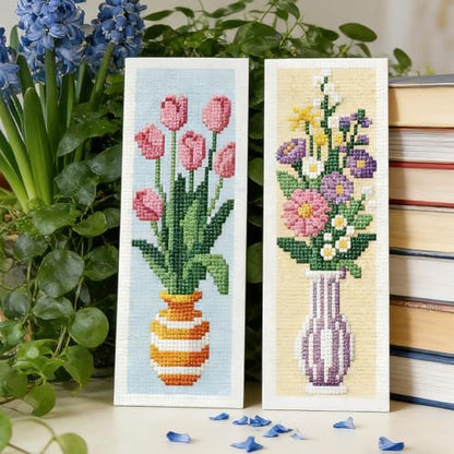 INFUNLY 6PCS Cross Stitch Bookmark Kit for Adults Flower Vase Stamped Embroidery Bookmark Kit with Backing Felt Floss Instruction for Book Lovers Readers - Image 5
