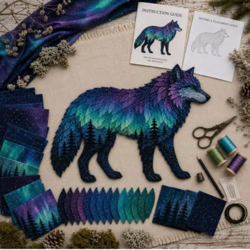 Northern Lights Wildlife DIY Patchwork Kit, Creative Fabric Craft Sewing Kit for Adults, Handmade Home Decor Project by Unknown