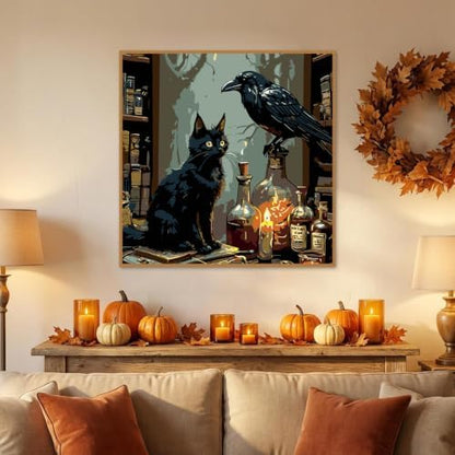 Halloween Paint by Numbers Kit for Adults-Cat & Crow, Oil Painting 10x10In - Image 2