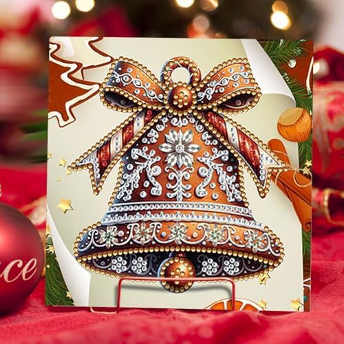 jinglinhh 6pcs Diamond Art Painting Christmas Deer Sled Poinsettia Bell Greeting Cards with Envelopes, DIY Card Making Kits for Adults, Diamond Art Postcards Holiday Cards Craft Gifts - Image 7