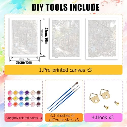 Yunruily 3 Pack Bookshop Adult Paint by Numbers - Paint by Number kit for Adults,Bookshop Paint by Number Adult for Gifts Home Wall Decor 12x16inch - Image 4