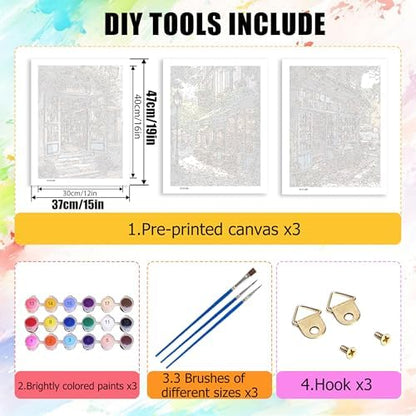 Yunruily 3 Pack Bookshop Adult Paint by Numbers - Paint by Number kit for Adults,Bookshop Paint by Number Adult for Gifts Home Wall Decor 12x16inch - Image 4