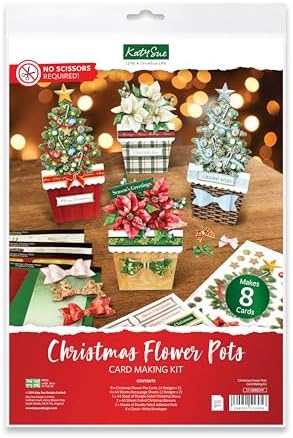 Katy Sue Christmas Flower Pots Card Making Kit. Contains 8 x 300 GSM Cards, Envelopes, 3D Die-Cut Decoupage, Paper Bows, Sticky Foam Pads & 2 Sheets of Christmas Sentiment Banners by KatySue