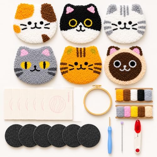 HGUANGJ Punch Needle Kit for Beginners Adults, Cat Coasters Kit with Adhesive Felt, Yarns, Embroidery Hoop for DIY Craft by Unknown