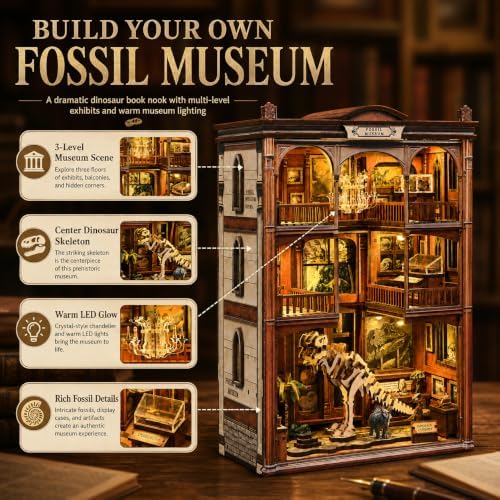 Fossil Museum Book Nook Kit for Adults, Dinosaur 3D Puzzle with LED Light - Image 3