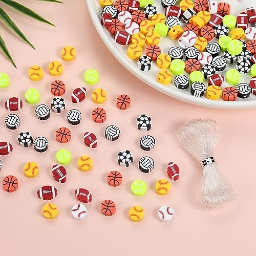 100Pcs Sports Ball Beads for Jewelry Making, Sports Polymer Clay Bead, Baseball Basketball Soccer Rugby Volleyball Football Beads for DIY Crafts Bracelet (Sports Ball) - Image 3