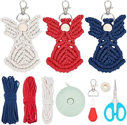INFUNLY 3 Set DIY Macrame Keychains Angel Mini Macrame Keychains 4th of July Macrame Bag Charms Red White Blue Macrame Angel Keychains with Instruction Video for Independence Gift by INFUNLY