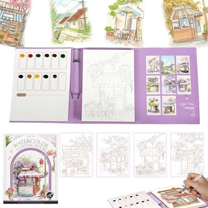 elves Travel Watercolor Kit for Adults & Beginners, Pocket 3-Fold Watercolor Coloring Book, All-in-One Creative Stress Relief Art Kit, Portable Watercolor Painting Books, Quiet Time Theme by ElvesBeauty