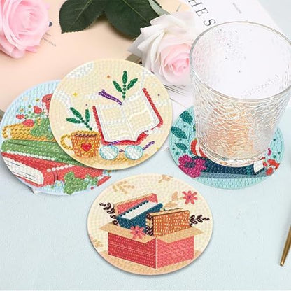 8 Pcs Book Diamond Art Coasters Kit - DIY 5D Diamond Painting Coasters with Holder, Mini Diamonds Arts Kits for Adults Coaster with Cork Pads, Gem Arts Dots Painting Crafts Supplies for Home Decor - Image 6