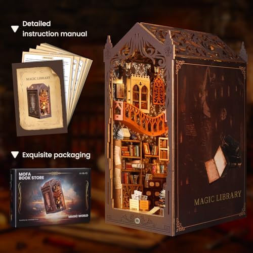 Book Nook Kit Magic Library DIY 3D Puzzle Wooden Dollhouse with LED Lights - Image 5