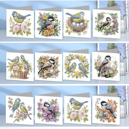 jinglinhh 12pcs Diamond Art Painting Bluebird Flower and Bird Nest Greeting Cards with Envelopes, DIY Card Making Kits for Adults, Diamond Art Postcards Christmas Cards Craft Gifts - Image 6