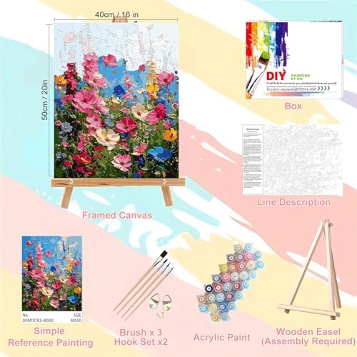 Flower Paint by Numbers for Adults with Framed Canvas - with Wooden Easel - Image 2