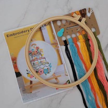 Esffaci Embroidery Starter Kit for Adult Beginner with Birthday Cake Candle Flower Pattern Hand Embroidery Set with Cloth Hoop Needle Threader Floss and Instruction - Image 2