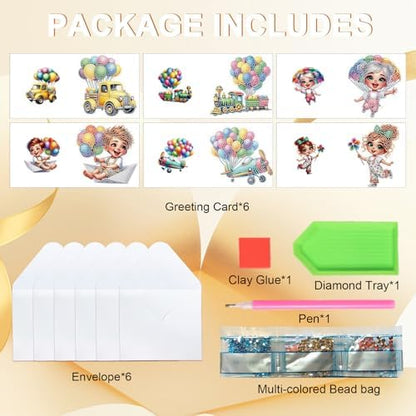 6pcs Diamond Art Painting Kit Greeting Card, Truck Balloon 5D DIY Diamond Handmade Holiday Greeting Card with Envelope, Holiday Gift Congratulation - Image 3