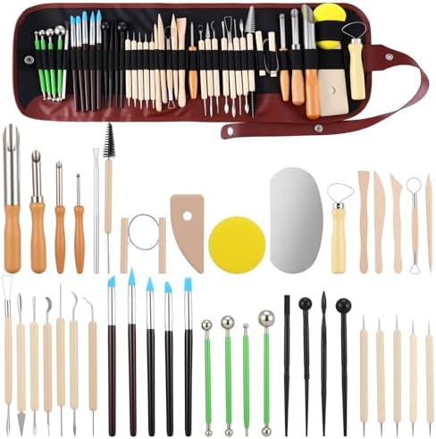 Kenaeooe 42 PCS Pottery Tools Kit Professional Clay Sculpting Tools Set with Leather Roll Bag for Polymer Clay, Ceramic, Modeling, Carving, Trimming, and Shaping for Artists and Beginners by Unknown