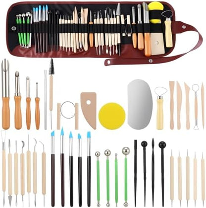 Kenaeooe 42 PCS Pottery Tools Kit Professional Clay Sculpting Tools Set with Leather Roll Bag for Polymer Clay, Ceramic, Modeling, Carving, Trimming, and Shaping for Artists and Beginners by Unknown