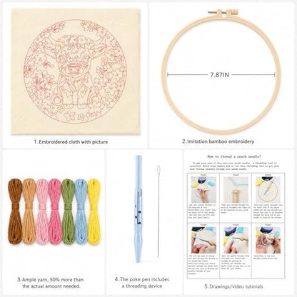Punch Needle Kits for Beginners,DIY Punch Needle Embroidery with Fabric, Hoops, Yarns and Sewing Needles for Adults Children Festival Gift and Home Decor, 20x20cm (Peach Blossom Highland Cow) - Image 2