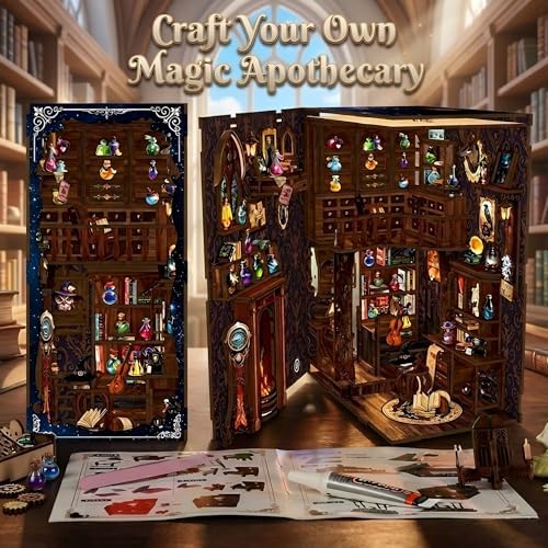 Book Nook Kit- DIY Miniature House Kit with LED Lights, 3D Wooden Puzzle Magic Potion Shop, Fantasy Wizard Alchemy Scene Bookshelf Insert Decor, Creative Handmade Gift - Image 5