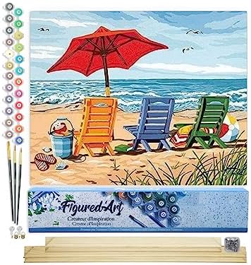 Figured'Art Paint by Numbers Kit for Adults Beach Chairs 16"x20" - Craft Art Painting Rolled Canvas with DIY Wooden Frame by FiguredArt