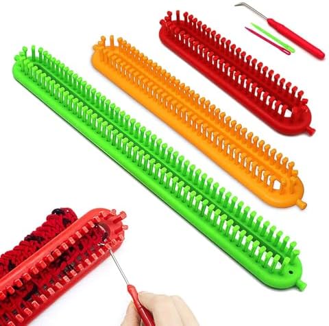 Katech 3 pcs Rectangle Knitting Looms Set Dense Pegs Loom Knitter Different Sizes Colorful Plastic Weaving Looms Set DIY Yarn Weaving Kits with a Crochet Hook and Needle (Color is Random) by Katech