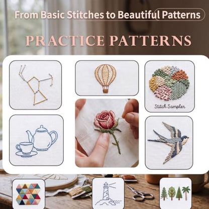 Basic Embroidery Starter Kit - 12 Essential Stitches, Beginner Fabric Practice Manual, Adult Starter Set, Includes Thread, Needle, Loop and Tools, Adult DIY Handmade Gifts, Simple Starter Sewing Kit - Image 2