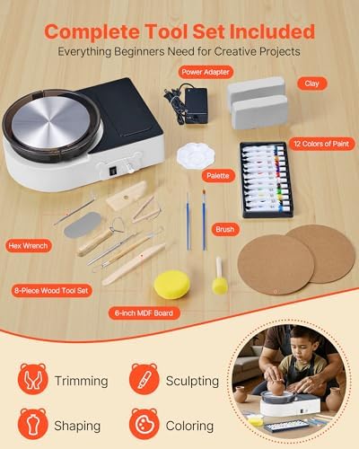 VEVOR Pottery Wheel for Kids Adults and Beginners - Complete Pottery Kit with 6" Turntable & Storage Design, Speed Adjustable with Air Clay Art Supplies Sculpting Tools, Craft Christmas Gifts, White - Image 4