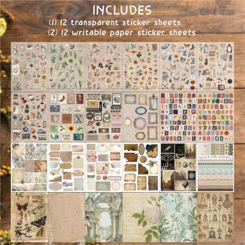 Scrapbook Supplies Kit, 24 Sheets 500+ Scrapbook Craft Paper & Vintage Stickers All-in-One Junk Journaling Set(Vintage) - Image 4