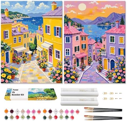 Qaisxoty Paint by Numbers Kit for Adults Beginners, 2 Pack Town Landscape Paint by Number with Rolled Canvas, Acrylic Paint, Box, DIY Painting by Number Kit for Great Gift & Home Decor - 12” x 16” by QaisxotyPaintbyNumberKits