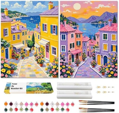 Qaisxoty Paint by Numbers Kit for Adults Beginners, 2 Pack Town Landscape Paint by Number with Rolled Canvas, Acrylic Paint, Box, DIY Painting by Number Kit for Great Gift & Home Decor - 12” x 16” by QaisxotyPaintbyNumberKits
