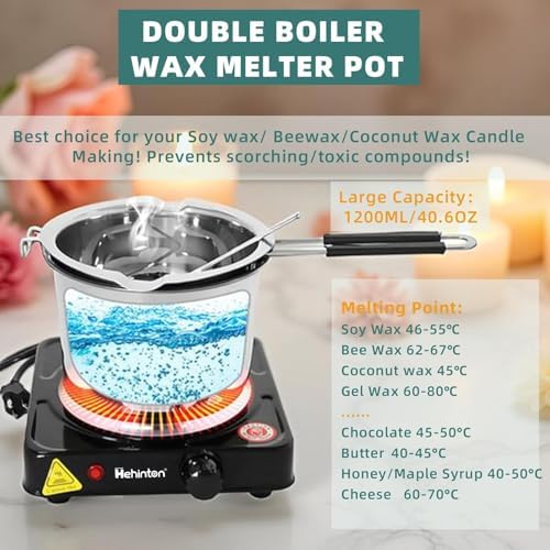 Hehinton Double Boiler Wax Melter 1200ML/40.6OZ, Candle Making Kit Supplies for Adults Beginners, DIY Kit with 1000W Electric Hot Plate, Wick Trimmer, Hot Air Gun, Thermometer, Wick Stickers - Image 3