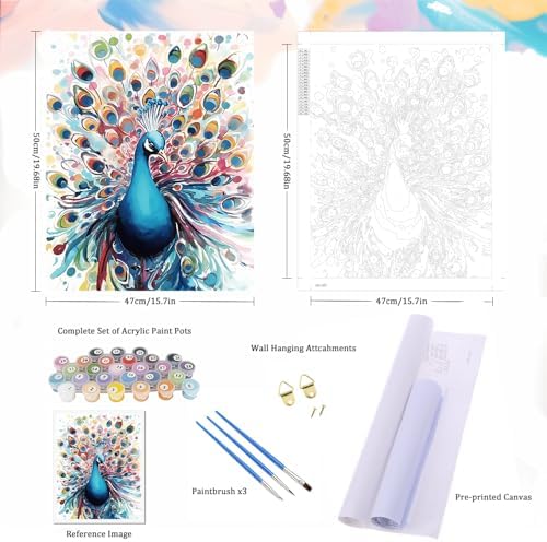 Natuyalo Paint by Numbers for Adults - DIY Adult Paint by Number Kits Painting on Canvas Colorful Peacock Painting by Numbers for Beginners, Animal Art Craft Kits for Adults (16x20 Inch) - Image 5